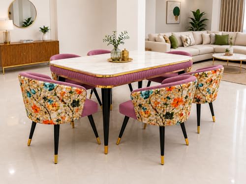 Image of WOODEN SPACE 6-Seater Wooden Dining Table Set | Nano Composite Marble Top | Solid Wood Base | Modern Dining Room Furniture with 6 Chairs (Pink Printed)
