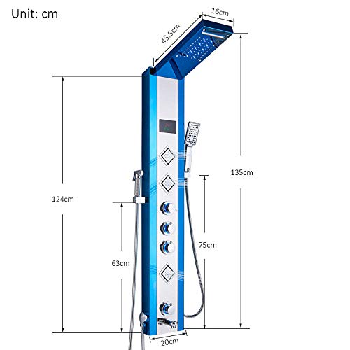 Panel de ducha hidroeléctrico azul y negro, columna de ducha con LED, lluvia y cascada, pantalla digital LCD y rociador bidet miniatura 3