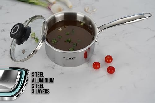 Image of Sumeet Cook Smart TriPly Stainless Steel Induction Base Saucepan with Glass Lid - 1.7 LTR - 16Cm, Pack of 1, Silver
