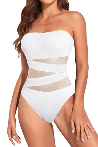 Image of Holipick Women Sexy One Piece Swimsuit Strapless Bathing Suits | Bandeau Neckline, Mesh Cutout Design, Push Up Removable Pads, High Cut, Removable Straps, Pool Beach Cruise Resort