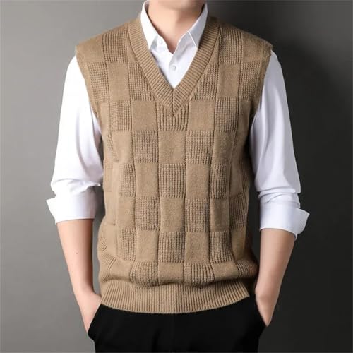 Men Casual Sweaters Vest V-Neck Solid Plaid Loose Thicken Sleeveless Pullovers Knitd Tops4