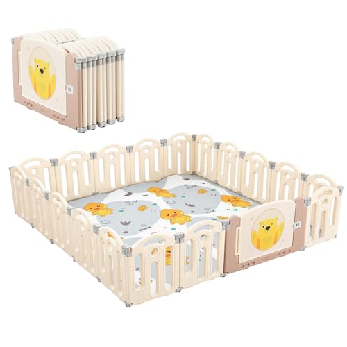 Parque Infantil para Bebé 200x200 cm con Alfombra, Corralito Plegable con Puerta, 18 Paneles de Seguridad, Ideal para Niños y Bebés en Casa, Diseño Oso, Fácil Montaje
