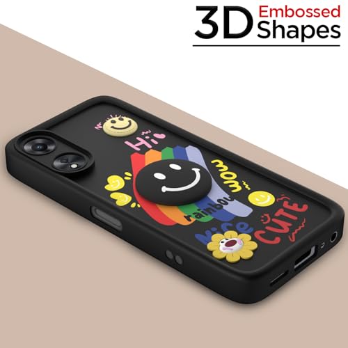 Image of Pikkme Back Cover for Oppo A78 5G | Soft Silicone| Cute Rainbow Smile & 3D Cartoon Flower Design | Shockproof Raised Camera Protection Bumper Case (Black)