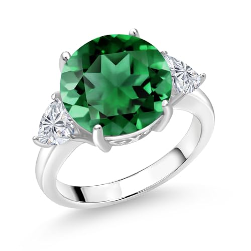 Gem Stone King 925 Sterling Silver Green Nano Emerald and Lab Grown Diamond Engagement Ring For Women | 5.74 Cttw | Round 12MM and Trillion 5MM | Available in Size 5,6,7,8,9