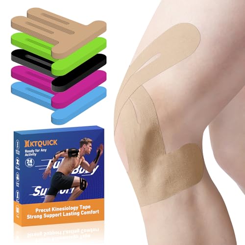 PreCut Kinesiology Tape for Knees, 24PCS Waterproof KTQUICK Knee Tape for Knee Pain Relief Pre Cut, Original Cotton Athletic Knee Tape, Waterproof & Hypoallergenic Latex-Free for Sports(Beige)