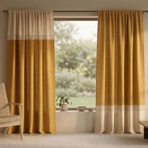 Image of Peepul Tree Cotton 7ft Door Curtain in Mustard & Off White | Top to Bottom Reversible Design| Woven Block Colours with Crochet Border | Semi Blackout 70% Light Blocking Set of 2