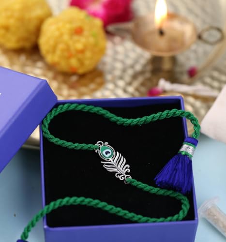 Meenakari 925 Sterling Silver Morpankh Peacock Feather Krishna Rakhi Bracelet Set with Roli Chawal and Rakshabandhan Greeting Card For Men | Ships to India also2