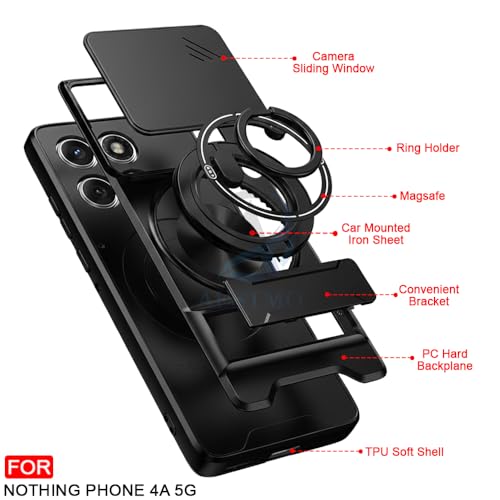 Image of AESTMO Nothing Phone 4A 5G Back Cover | Armor Camera Slider 360 Degree Rotating Finger Ring Holder Case with Bracket Stand & Camera Protection Back Case Cover for Nothing Phone 4A 5G (Black)