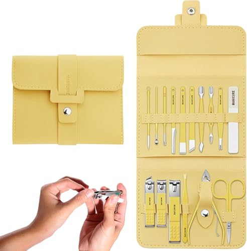 TPPDZYLEKZ Juego de cortaúñas Plegable de Acero Inoxidable, Kit de manicura, Juego de uñas de 16 Piezas, Juego de manicura portátil de Acero Inoxidable con Estuche de Cuero,Yellow