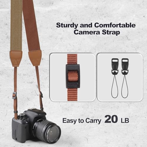 Image of Universal Camera Strap - Camera Neck Strap, Adjustable Shoulder Straps Compatible with Canon, Fujifilm, Nikon, Olympus, Panasonic and other SLR and mirrorless cameras - Khaki and Brown