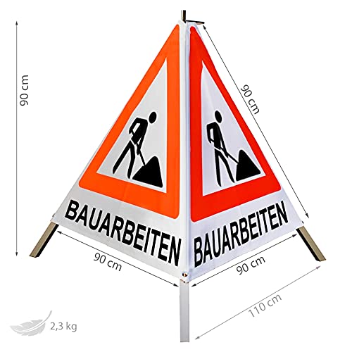 Warnpyramide/Faltsignal Schaufelmann(VZ123) "BAUARBEITEN" 90cm - weiß tagesleuchtend, leicht