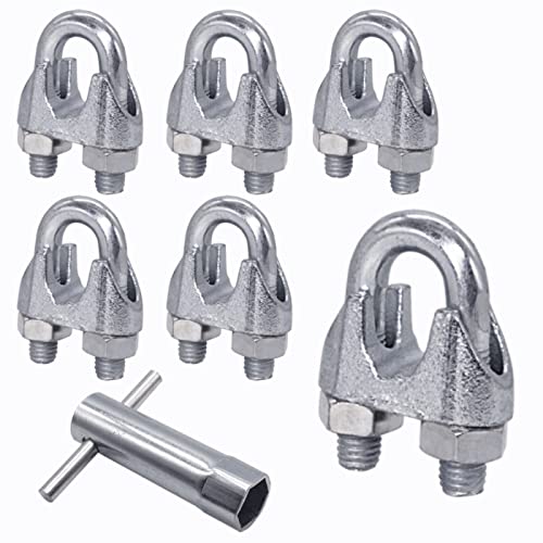 Paquete de 6 abrazaderas de cuerda de alambre M10, clips de cable, DIN 741, abrazadera de acero para cuerda de alambre Ø 14 mm (6 piezas, M10 para Ø 14 mm) Llave tubular incluida