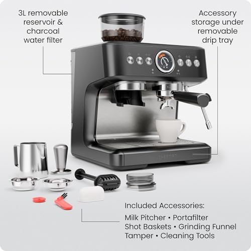 Chefman Crema Deluxe Espresso Machine with Double Boiler, Use Milk Frother and Brew Espresso Simultaneously, Professional Coffee Maker with Coffee Grinder and Steam Wand, 30 Grind Settings - image 8