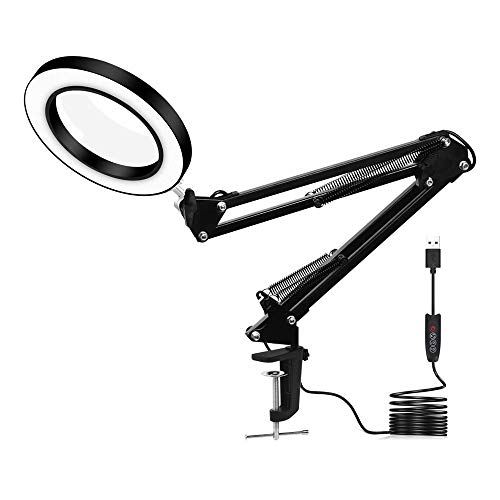Goglor Lampe loupe LED, 3 Modes de Couleur, 10 Niveaux de luminosité, loupe 5X avec Bras pivotant réglable, Lampe loupe USB pour Lecture, Bureau, Travail