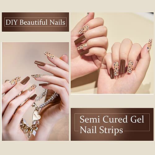 Dukasou Semi Cured Gel Nail Strips, 28Pcs Real Nail Polish Art Stickers Wraps With Uv/Led Light, Sticker Decal Includes Prep Pads, Nail File & Wood Stick, Sticker Nails For Women Girls Kids Diy Decorations Birthday Party Favor Gifts（Earth Tones) #TOP1