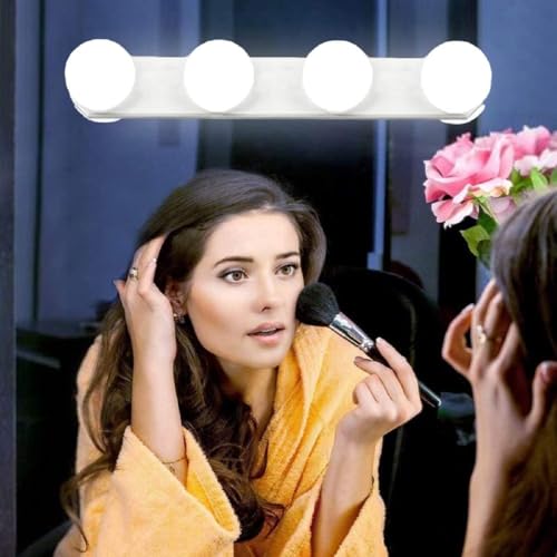 Luces de Espejo Maquillaje, Lámpara de Tocador 4500k Lámpara de Espejo sin Cuerda con 4 Bombillas, Lámpara de Maquillaje de Estilo Hollywood para Espejo de Maquillaje Espejo de Baño, luz no ajustable﻿