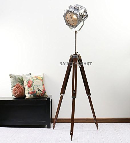 NAUTICALMART Nickle Finish Wooden Tripod Floor LAMP for Living Room