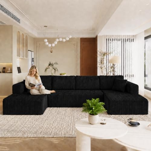 Image of KCGKCG 132 inch U Shaped Corduroy Cloud Couch - No Assembly Required, Black