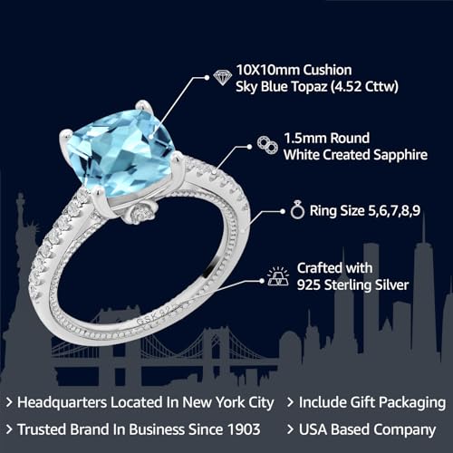 Gem Stone King 4.52 Cttw Sky Blue Topaz and White Created Sapphire Engagement Ring For Women | 925 Sterling Silver | Cushion 10MM | Gemstone Birthstone | Available In Size 5, 6, 7, 8, 92
