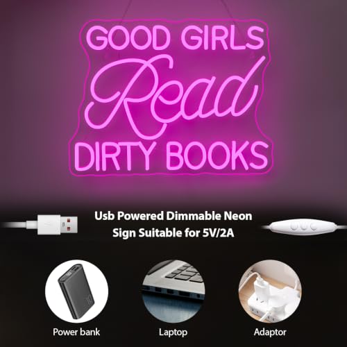 Image of LED Neon Sign for Wall Decor Good Girls Read Dirty Books Neon Light USB Powered Dimmable for Home Book Party Gift Bedroom Book Lover Home Library