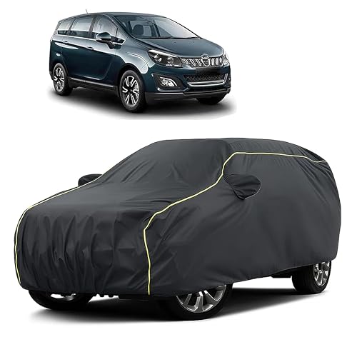 Image of Sulfar 100% Water Resistant Car Body Cover Compatible with Mirror for Mahindra Marazzo (Triple Stitched, Full Bottom Elastic, Dark Grey Taffeta with Yellow Piping)