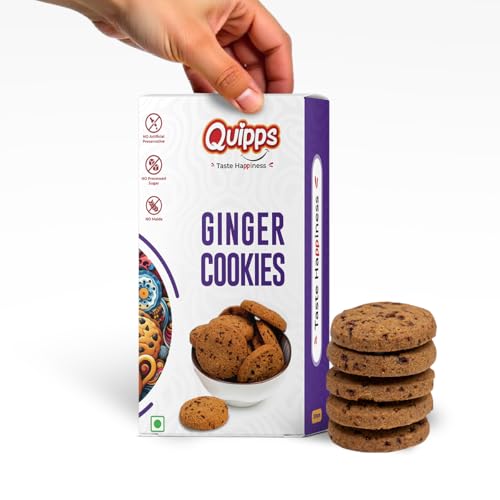 Image of Quipps Premium Ginger Cookies | No Maida, No White Sugar, No Preservatives | Made with Jaggery & White Butter | Healthy Biscuits | Fresh Crunchy Biscuits for Tea-Time Snack, Breakfast & Office Gifting | Vegetarian | 200g