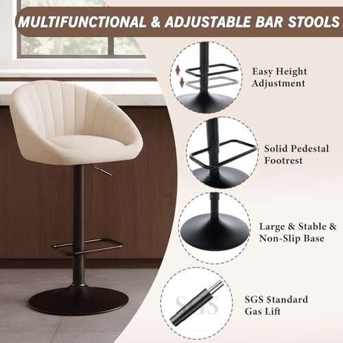 ROCITY Set de 2 Butacos Regulables Giratorios para Barra, Terciopelo Beige | Butacos Modernos de Altura para Isla de Cocina con Espalda y Base de Metal, Sillas Tapizadas miniatura 4