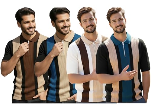 Image of AUSK Men's Retro Cable-Knit Quarter-Zip Polo | Premium Textured Self-Design Half Sleeve T-Shirt for Men