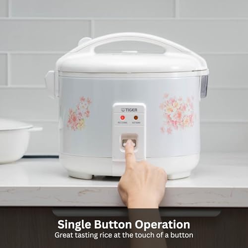 Image of Tiger JNP-0550-LF 3 Cup Capacity White Rice Cooker with Non-Stick Inner Pot, Retractable Power Cord, and Keep Warm up to 12 hours (Flower)