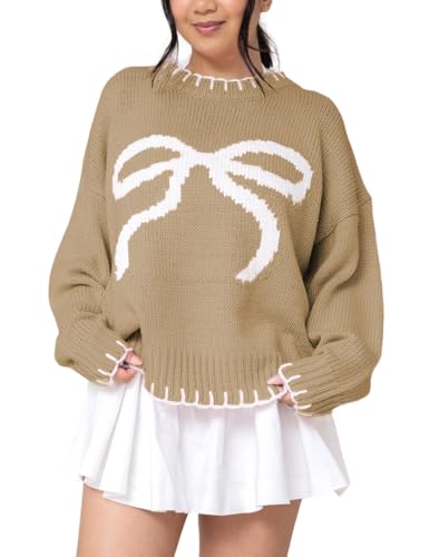 Womens 2025 Fall Sweater Long Sleeve Crewneck Cropped Knit Sweaters Plus Size Cute Bow Pullover Tops
