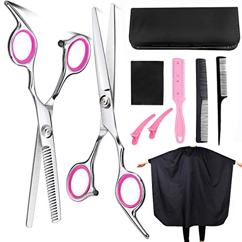 10 PCS Professional Hair Cutting Scissors 6.7inch Barber Thinning Scissors Hairdressing Shears Japanese Hair Cutting Shears Set with Cape Clips Comb for Barber Salon and Home 9010 Pink