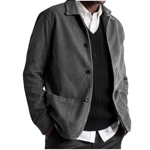 RKaixuni Corduroy Jackets Men's Casual Button Down Shirts Long Sleeve Shacket Jacket with Pockets Outerwear Fashion Clothes Gray