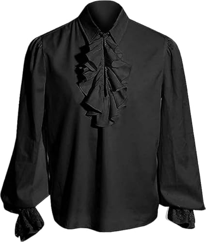 YAOHUOLE Halloween Hemd Herren Langarm Mittelalter Viktorian Viking Kostüm Renaissance Schwarz 3XL
