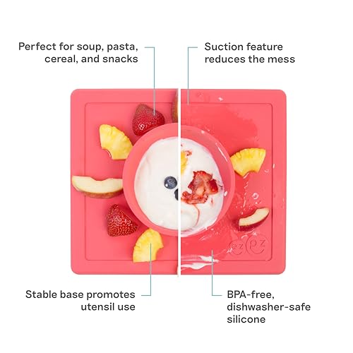 Image of ezpz Happy Bowl - 100% Food Grade Silicone Suction Bowl with Built-in Placemat for Toddlers + Preschoolers Promotes Baby Self-Feeding, Non-Slip, BPA Toxic Free, Microwave Safe - 24months+ (Coral)