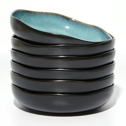 Image of Pokini 36Oz Large Stoneware Pasta Bowls Set of 6, 8.26 inch Deep Serving Bowls | Salad Bowls with Wavy Rim, Bowl Plates for Soup & Noodle, Microwave & Dishwasher Safe, Chip & Scratch Resistant, Green Black