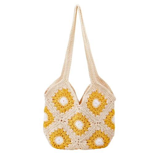 ORIGACH Bolsa feminina de crochê de girassol de verão, bolsa de praia de crochê, ombro quadrado, boho