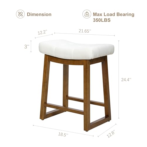 Image of Bar Stools Set of 3, Backless Counter Height Bar Stools, 24 Inch Modern Saddle Bar Stools with Walnut Legs & Upholstered Fabric Seat, Wooden Counter Stools for Kitchen Island, Cream White