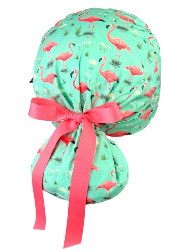 Image of Scrub Cap for Women and Men, Ponytail Scrub Caps, Working Hat, Head Cover with Ribbon Ties and Buttons, Long Hair