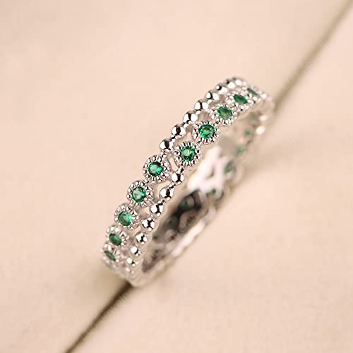 Luo Solid 925 Sterling Silver Emerald Stackable Ring Round Milgrain Eternity Bands Beaded Wedding Band May Birthstone Ring For Women Us Size 7 #TOP1