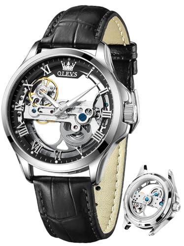 Image of OLEVS Mechanical Dress Mens Watches Square Brown Leather Strap Moon Phase Skeleton Tourbillion Day Date Waterproof Luminous Men's Wrist Watches