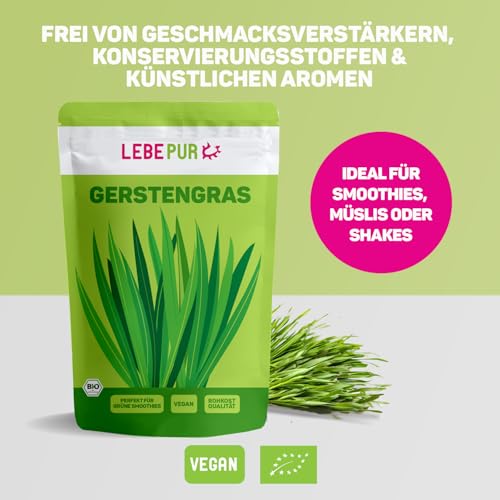 Foto von Lebepur BIO Gerstengras Pulver 500g | aus deutschem Anbau | Rohkostqualität | 100% Gerstengraspulver | vegan | ballaststoffreich | rückstandskontrolliert | glutenfrei und laktosefrei | laborgeprüft