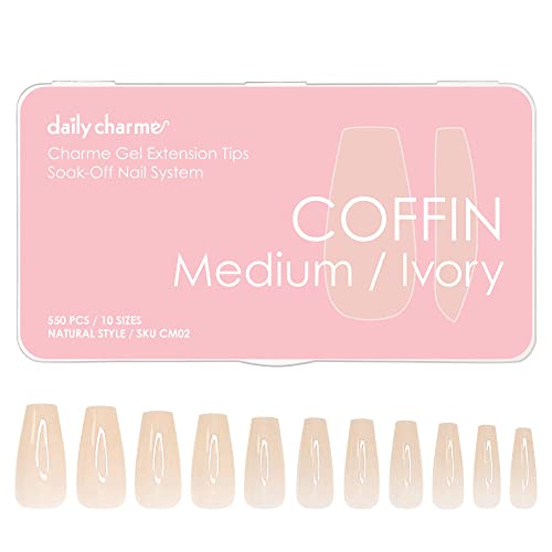 Daily Charme Gel Nail Extension Tips (Coffin Medium, Ivory) 500 pcs, 9 Sizes, Pre-shaped Extension Tips, False Nails Gel Tips for Gel Nail Polish Soak Off, Easy DIY Press On Nails