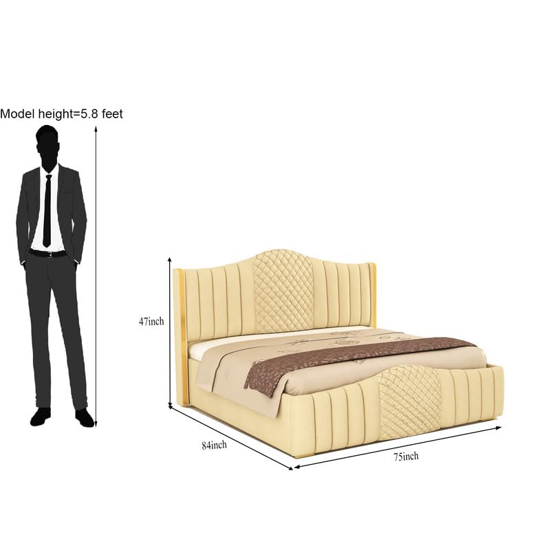 Image of Aesthetic crafts Hydraulic Bed King Size with Storage, Sheesham Wood Upholstered Wooden Double Bed, King Size Bed with Hydraulic Storage, Modern Platform Cot for Bedroom & Hotels, 6.5 x 6 Ft, Cream