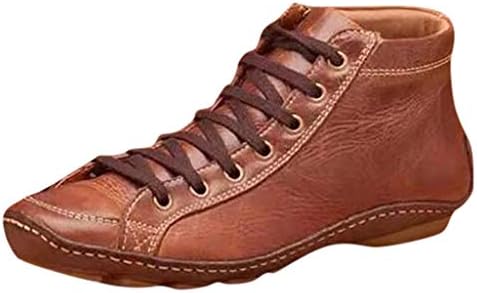 Women Round Toe Boots Casual Vintage Flat Heel Leather Retro Solid Color Lace-up Side Zipper Shoes Winter Leisure Arch Support Ankle Boots Walking Booties