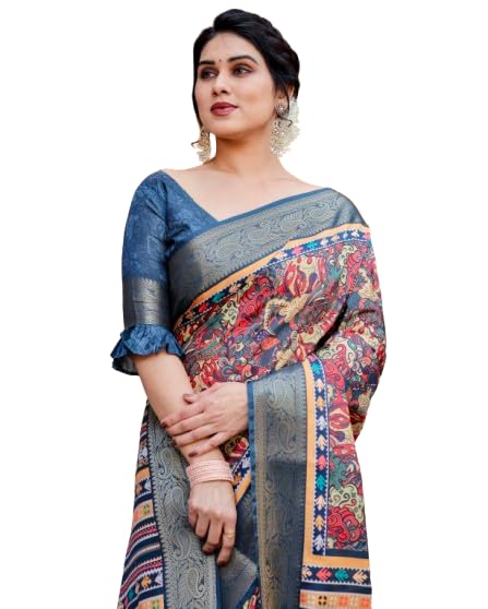 Banarasi Silk Saree with Blouse, Multicolor Digital Print, Royal Blue Zari Border, Traditional Paisley Pallu, 5.5 Meters-image-42