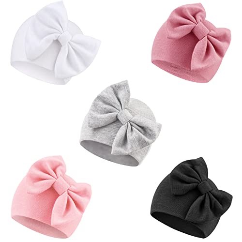 Image of DRESHOW BQUBO Newborn Baby Hats Hospital Hat Baby Cotton Beanie Infant Bow Hats for 0-6/6-24 Months