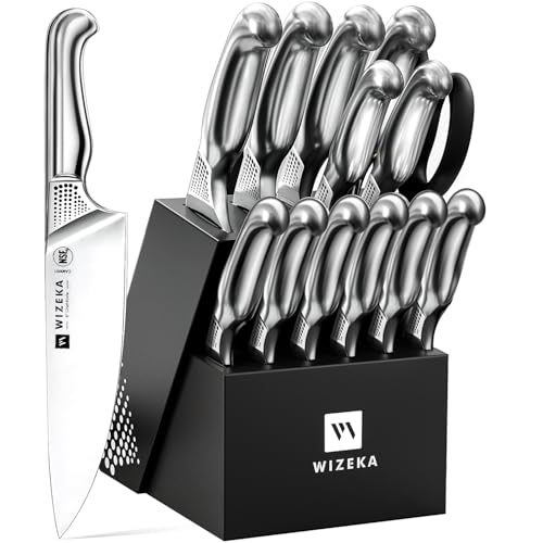 WIZEKA Kitchen Knife Set with Block: 15PCS German Stainless Steel