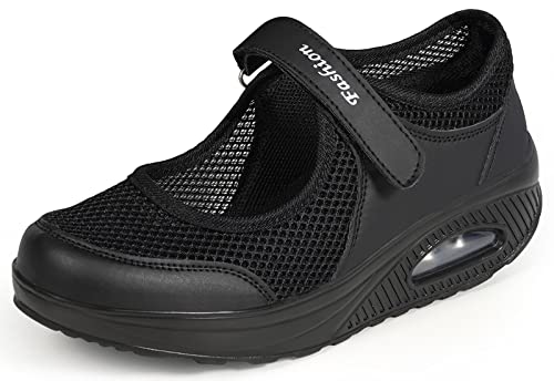 Sandales Femme Mailles Chaussures de Fitness Baskets Mode Compensées Mary Janes pour Femme Espadrilles Chaussures de Sport Eté E-Noir EU 41
