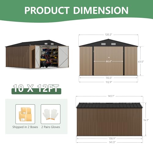 Image of Devoko 10x12 FT Outdoor Storage Shed, Large Metal Storage Sheds with Lockable Door, Utility Garden Tool Shed with Sloping Roof, Outside Steel Storage Sheds for Patio Lawn Backyard, Brown