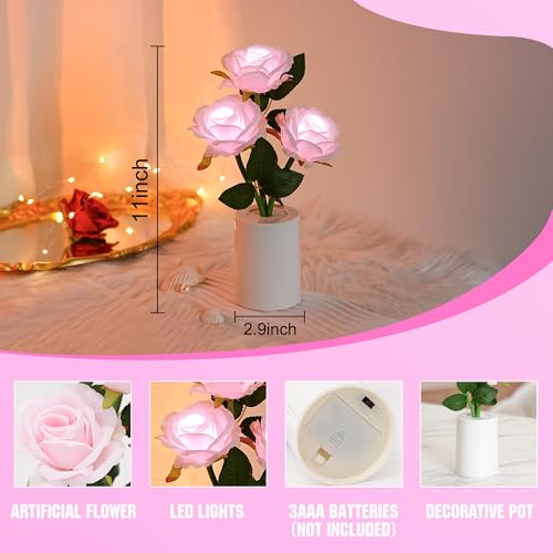 Image of Artificial Pink Rose Flower Lamp, Light Home Decor Birthday Gifts for Women